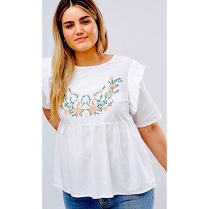 Junarose White Floral Embroidered Ruffle Blouse